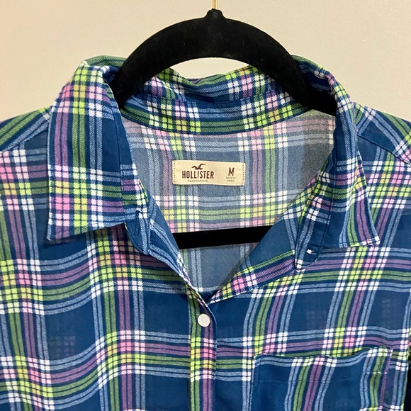 Hollister Sheer Blue Green Plaid button down Size M - Picture 3 of 3